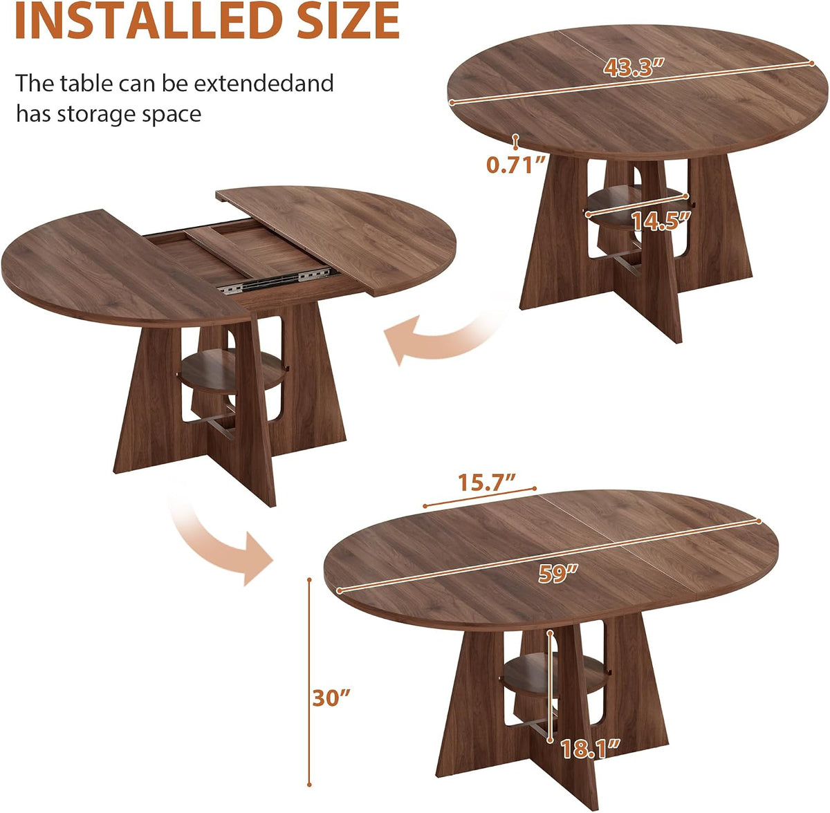 Extendable Round Dining Table with Storage