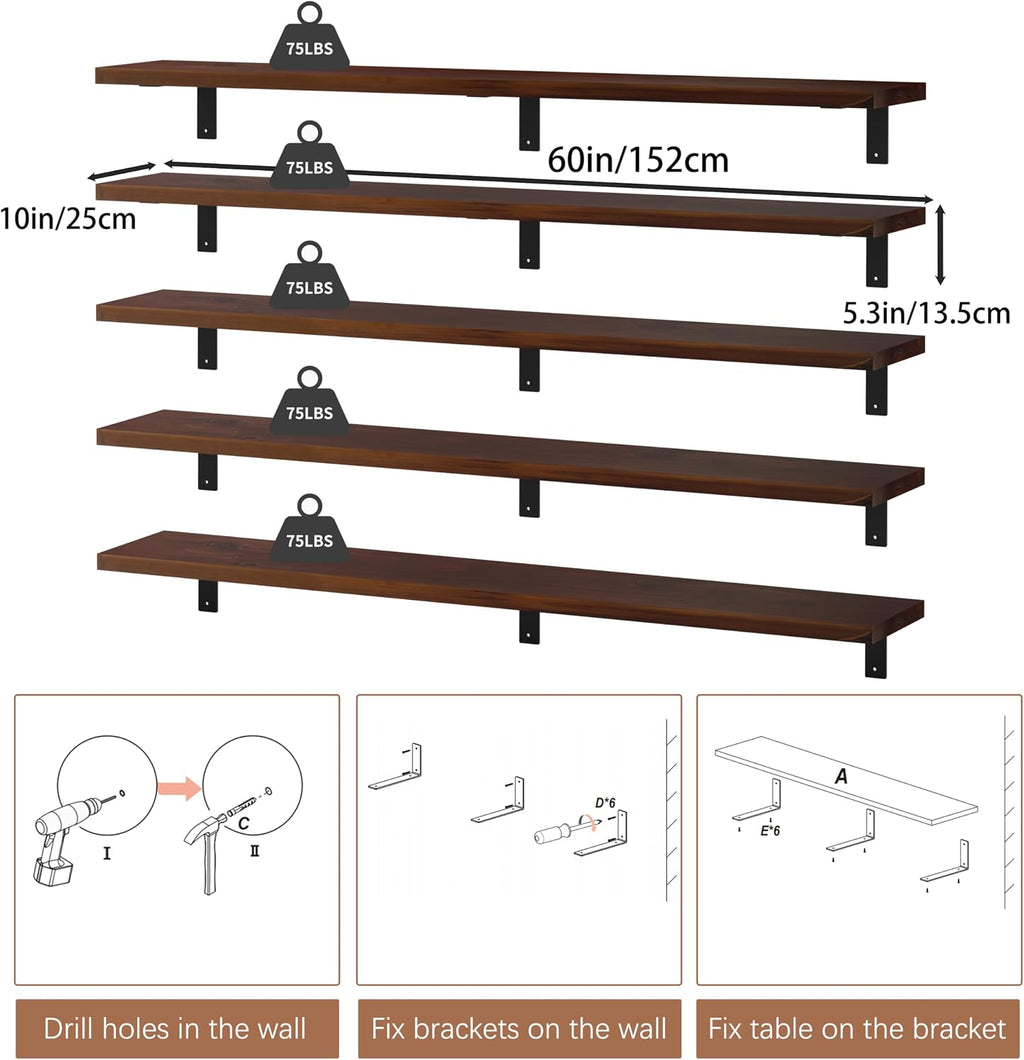 Solid Wood 60" Walnut Floating Shelves 5-Pack
