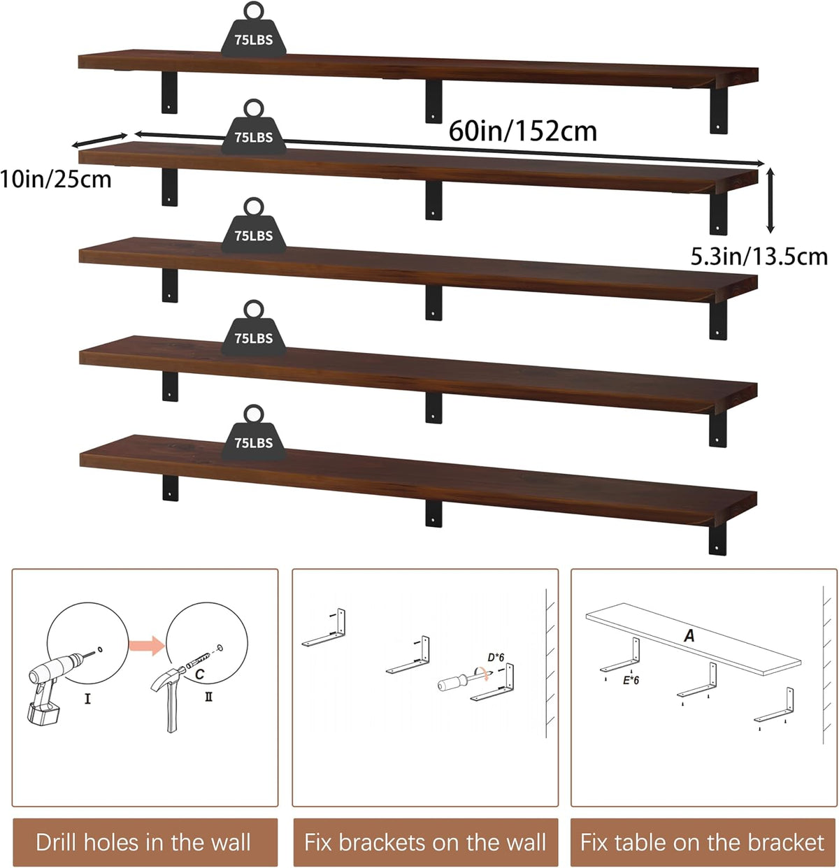 Solid Wood 60" Walnut Floating Shelves 5-Pack