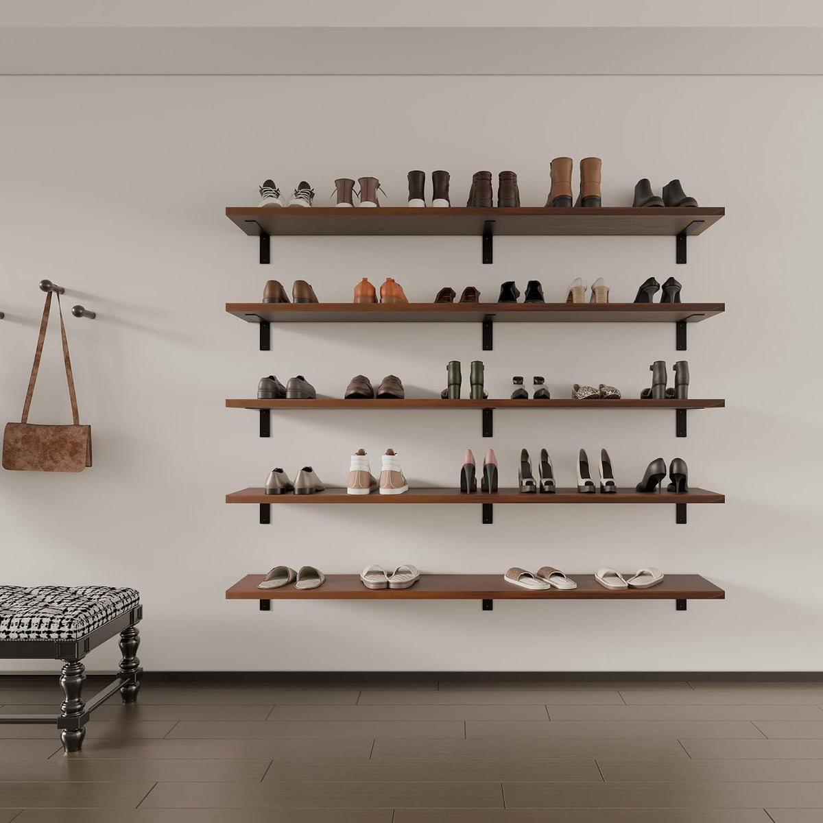 Solid Wood 60" Walnut Floating Shelves 5-Pack