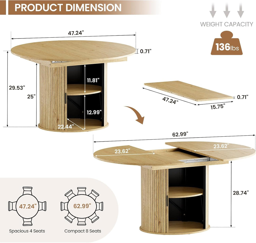 Wood Extendable Round Dining Table