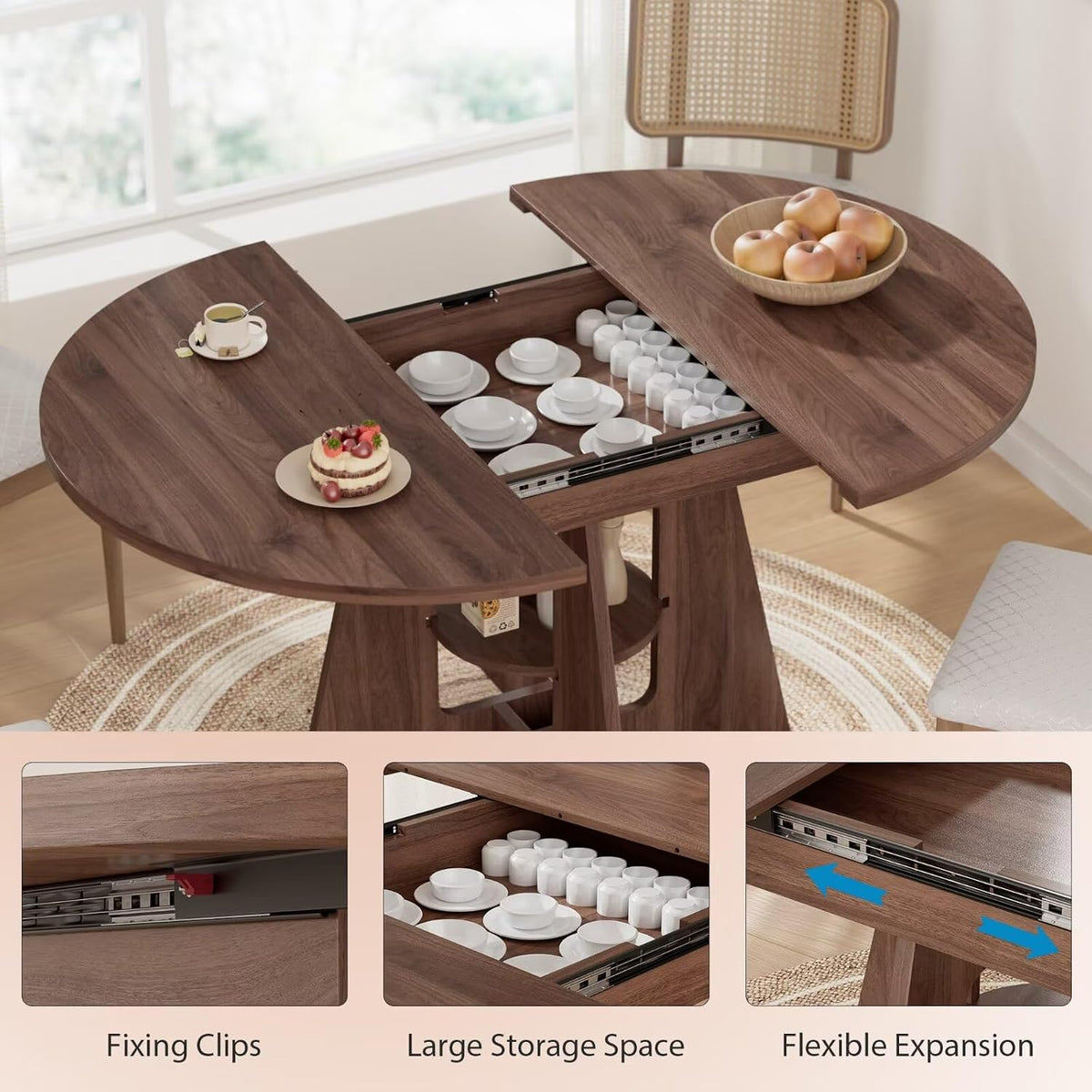Extendable Round Dining Table with Storage