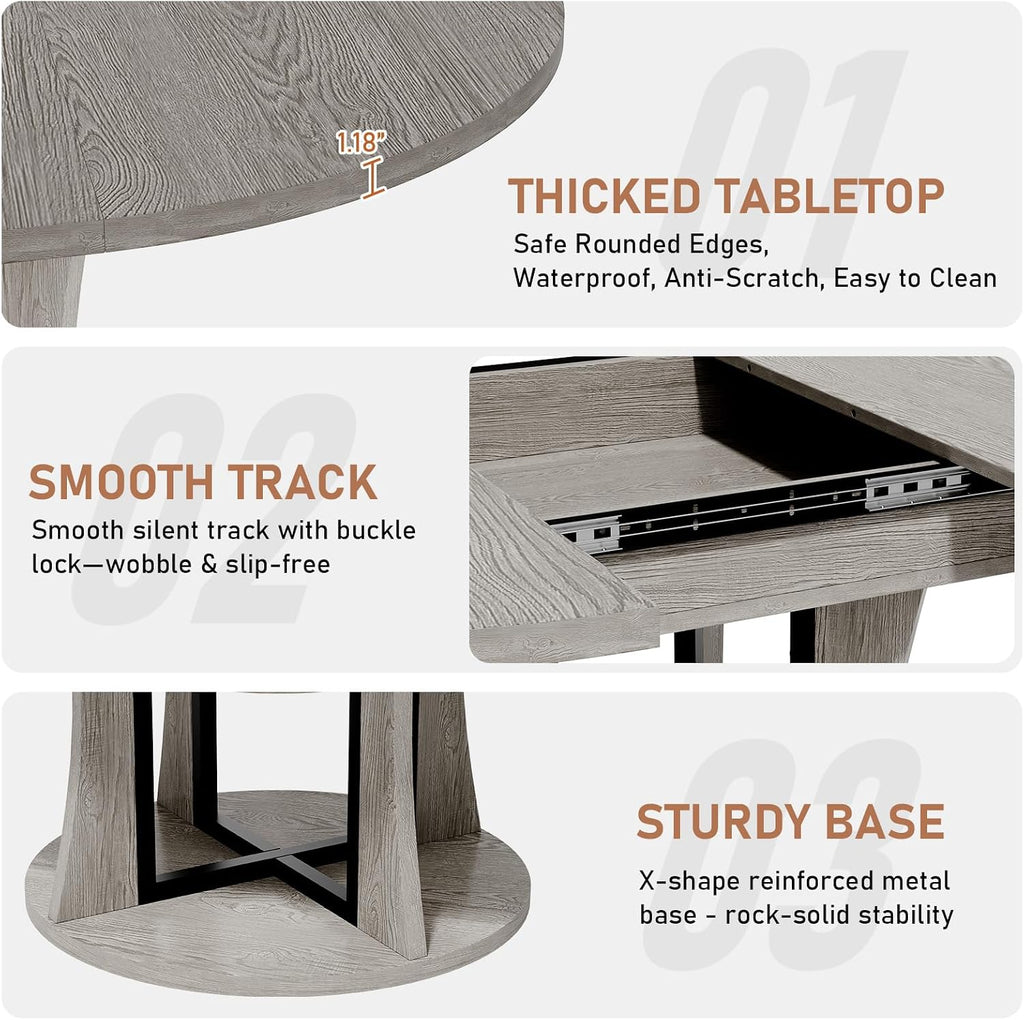 Gray Extendable Round Dining Table with Storage