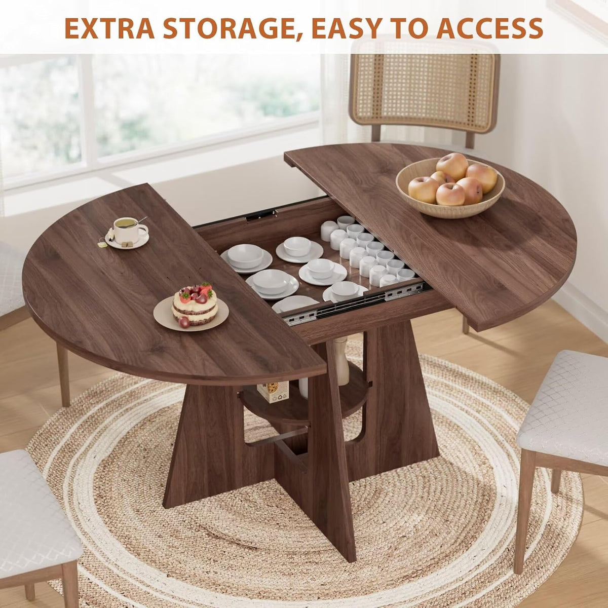Extendable Round Dining Table with Storage