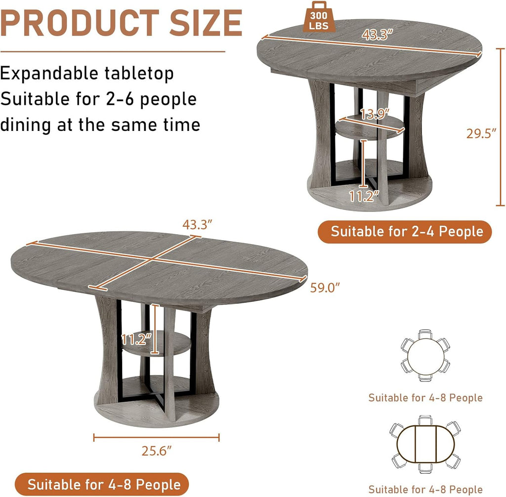 Gray Extendable Round Dining Table with Storage