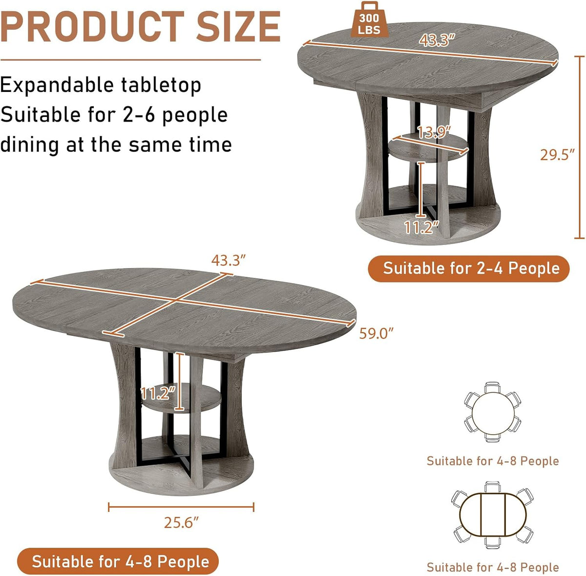 Gray Extendable Round Dining Table with Storage