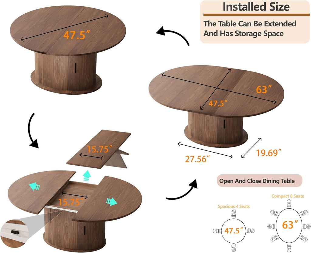 Walnut Extendable Round Table 2-Tier Storage