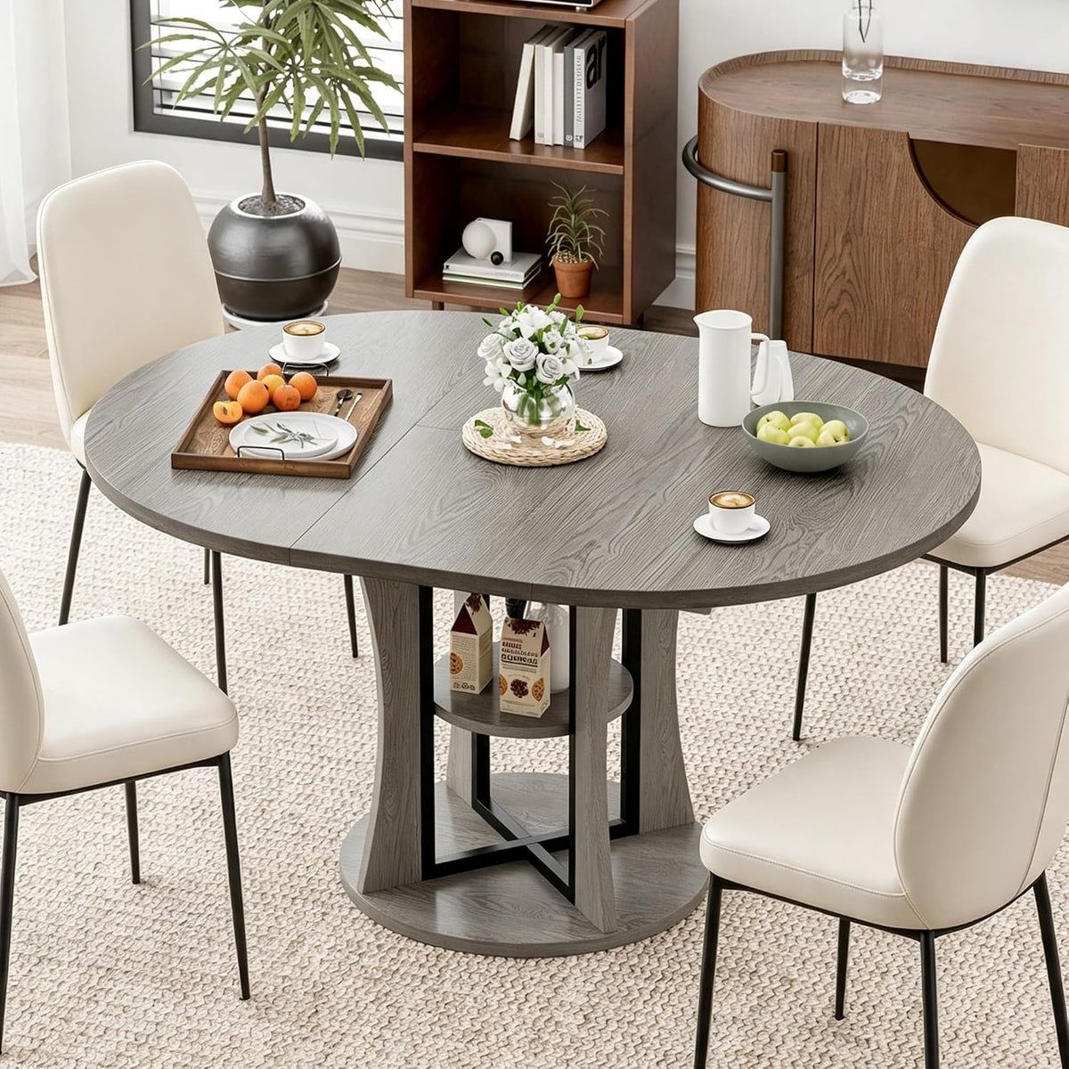 Gray Extendable Round Dining Table with Storage