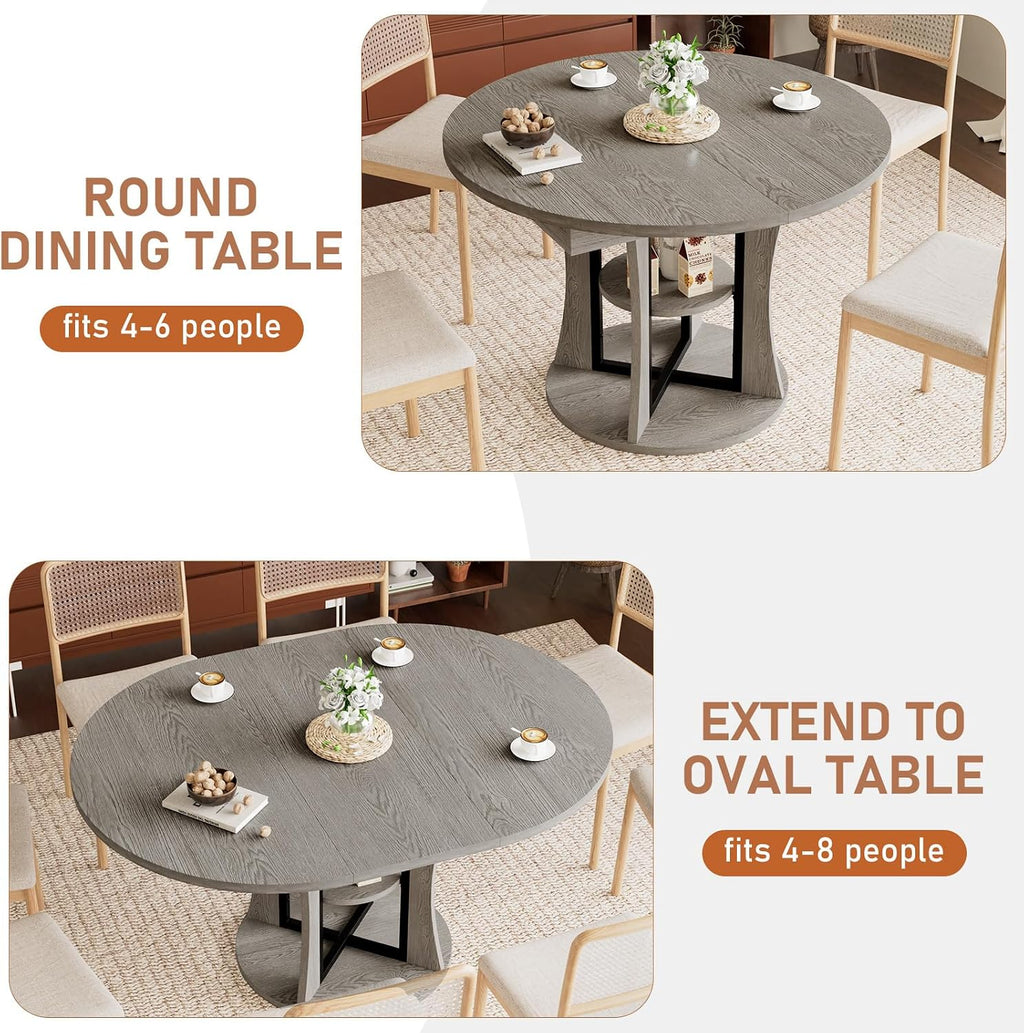 Gray Extendable Round Dining Table with Storage