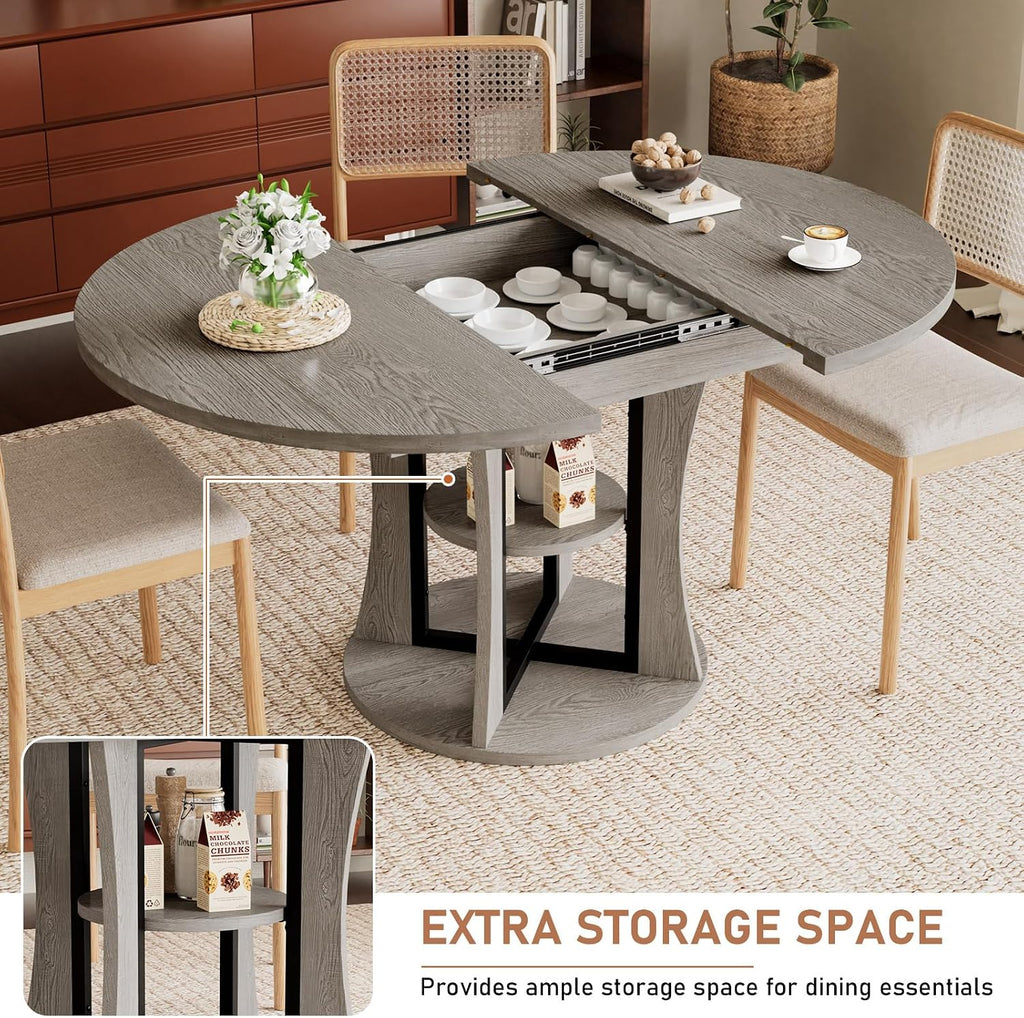 Gray Extendable Round Dining Table with Storage