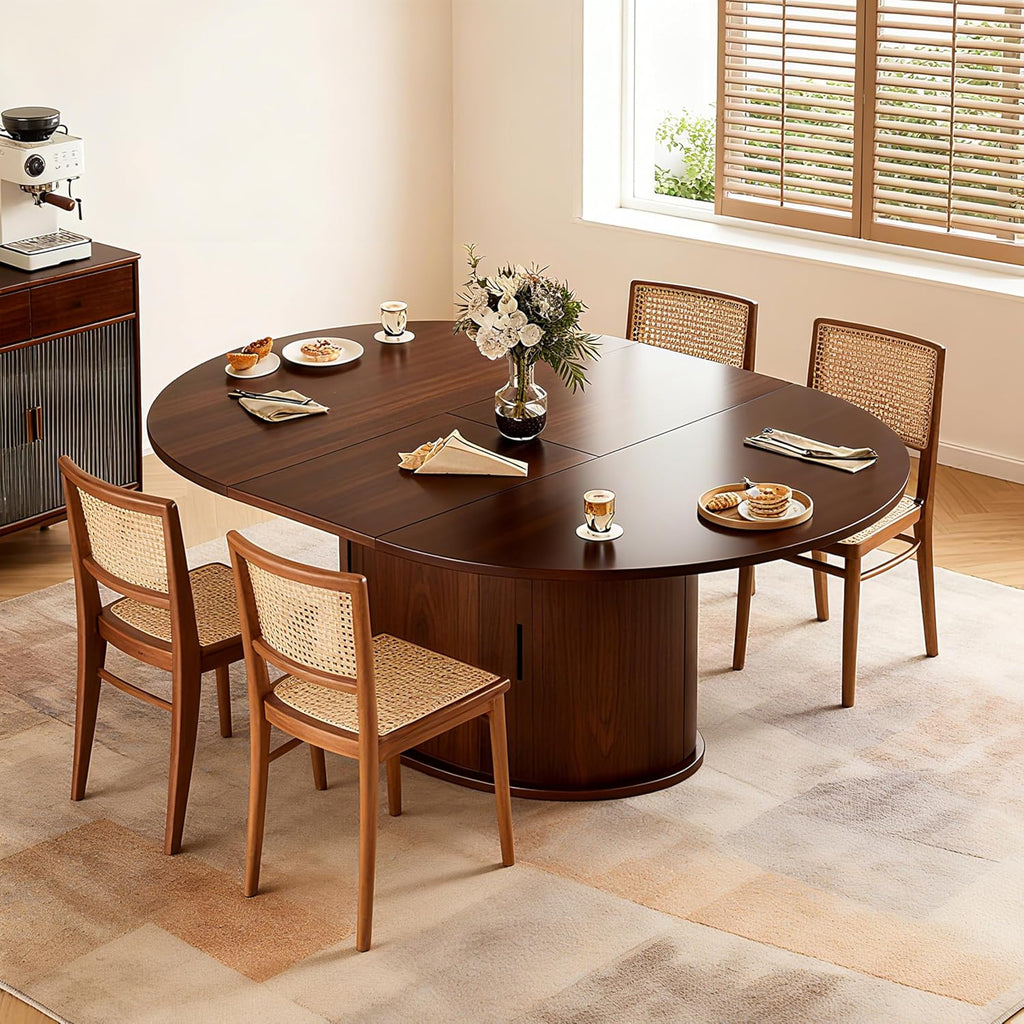 Walnut Extendable Round Table 2-Tier Storage