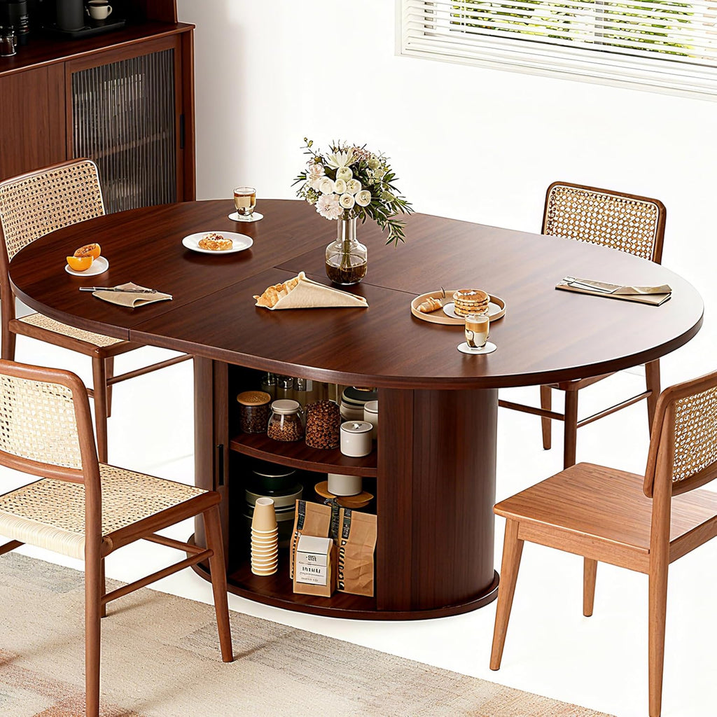 Walnut Extendable Round Table 2-Tier Storage
