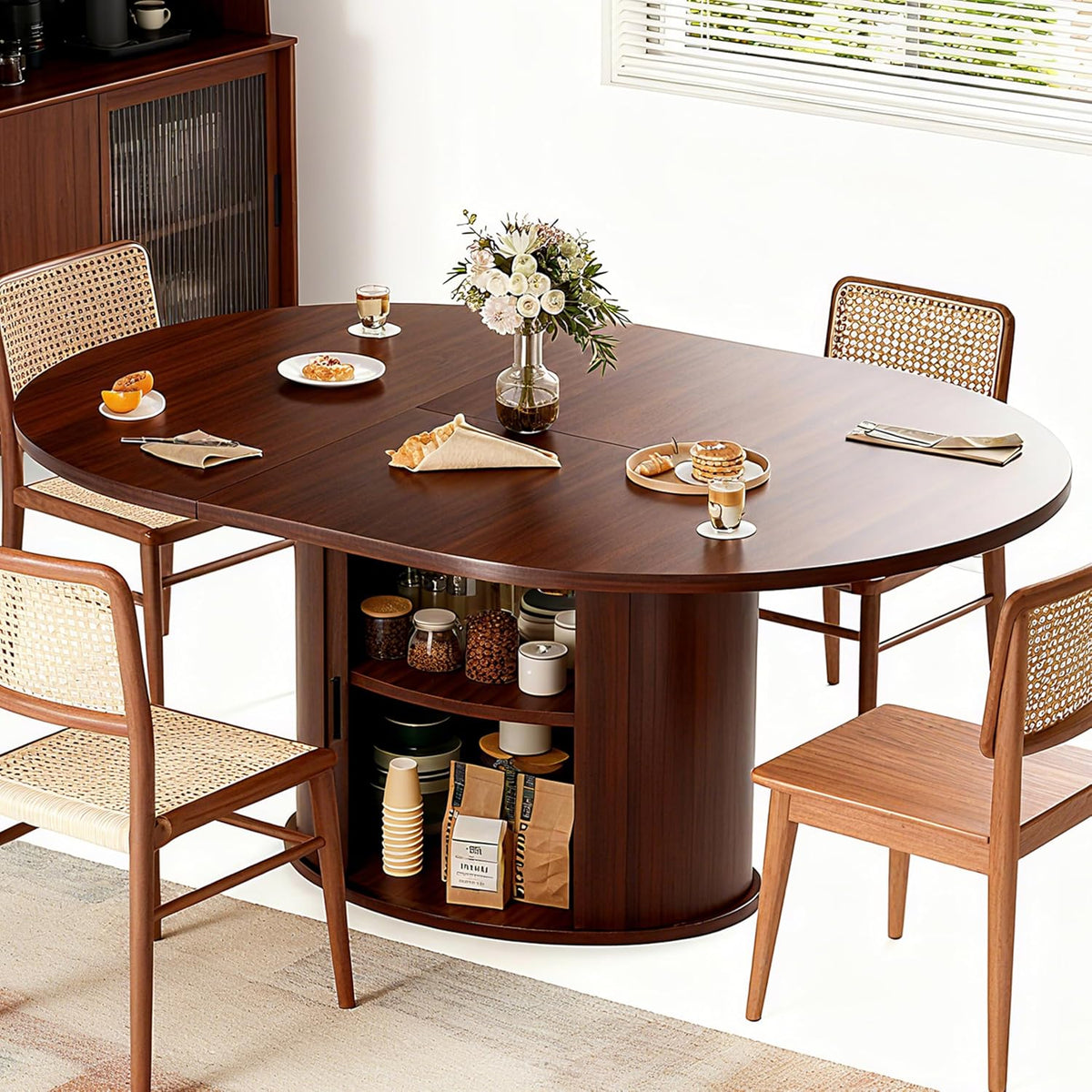 Walnut Extendable Round Table 2-Tier Storage