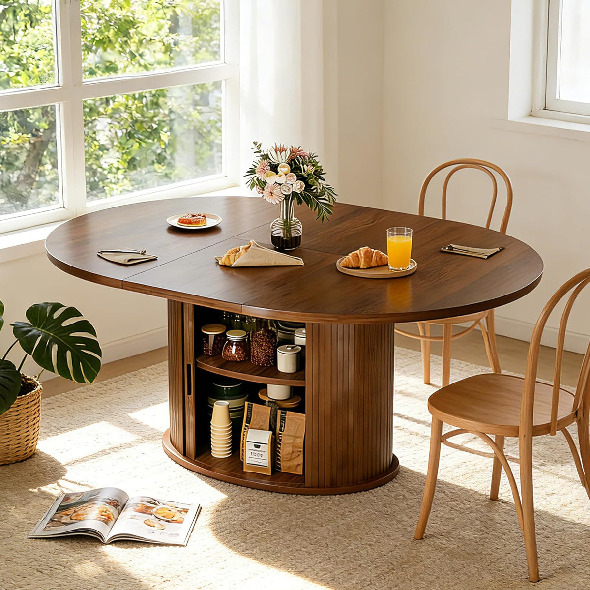 Walnut Extendable Round Table 2-Tier Storage